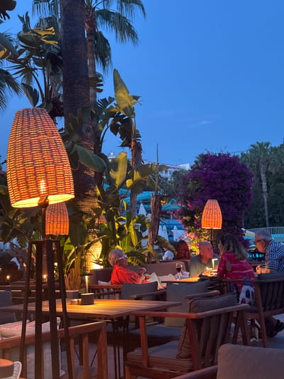 The image depicts an outdoor dining area at dusk, likely within a resort in Manavgat, Turkey, given the presence of palm trees, lush vegetation, and a clear blue sky transitioning to twilight. In the foreground, a table is set with chairs, and a large wicker lamp emits a warm glow. Several people are seated at tables, engaged in conversation and dining. One group includes an older man and woman at a table, with the woman wearing a red patterned dress and the man in a green striped shirt. Another older woman in a red top is visible in the background, seated on a couch. The setting appears to be a relaxed evening ambiance, with ambient lighting from lamps and the fading daylight. In the background, a vibrant purple bougainvillea bush and resort buildings with illuminated windows are visible.