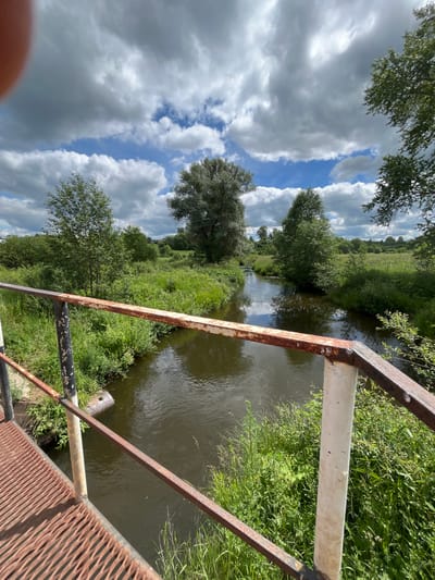 A rusted metal bridge railing overlooks a narrow, dark water river flowing through a lush green landscape under a partially cloudy sky. The riverbanks are densely overgrown with various types of green foliage and small trees. In the distance, more trees and a field are visible under the expansive sky filled with fluffy white and gray clouds. The scene appears to be in a natural, rural setting. No people or specific landmarks in the city of Уральское, Russia are identifiable in this image.