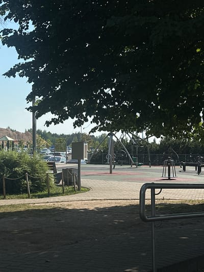 This media file shows an outdoor exercise area with gym equipment, located in Vilnius, Lithuania. The scene is outdoors, with a paved walkway and green spaces. The image is oriented vertically.
In the foreground, on the left, is a large tree with dense green foliage, casting shadows. To the right of the tree, there is a paved area with outdoor fitness equipment. These include metal structures with bars and rings, suggesting a place for calisthenics and bodyweight exercises. A silver metal railing runs along the right edge of the image, part of the park's infrastructure. The ground is paved with interlocking bricks, and there is a strip of grass next to it.
In the mid-ground, more exercise equipment can be seen, as well as a fence and trees lining the perimeter of the area. Beyond that, a parking lot with several cars is visible, backed by a line of trees. The sky is visible in the upper right portion of the image, appearing bright and clear, suggesting daytime with good weather. The lighting indicates it is likely daytime. There is no visible text in the image. The overall impression is of a public park or recreational space designed for physical activity.