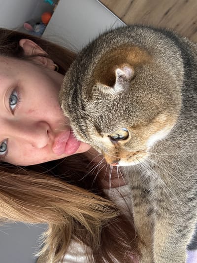 A close-up, vertical, selfie-style photograph shows a young woman with light brown hair and blue eyes. She is lying down, and a tabby cat with green eyes is nuzzling her face, with its nose touching her lips. The woman's tongue is slightly protruding. The background is out of focus, but shows a wooden surface and a grey wall, possibly in a residential setting in Pernik, Bulgaria.
