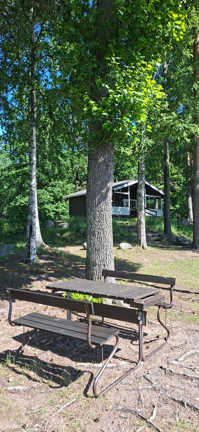 The image displays an outdoor scene on a sunny day, likely in Lahti, Finland, given the context. The focal point is a dark brown wooden picnic table with attached benches, positioned on a grassy and dirt area with tree roots visible. The table and benches are made of weathered planks and supported by dark metal frames. Sunlight casts distinct shadows across the ground, indicating it's likely midday.

Behind the picnic table, a large tree trunk with rough bark dominates the left side of the frame, its lush green leaves forming a dense canopy overhead. To the right of the main tree, a smaller, lighter-colored tree trunk is visible. In the background, there is a small, dark-colored building with a white-trimmed roof and windows, resembling a cabin or shed, nestled amongst the trees. The surrounding area is filled with green foliage and tall trees, suggesting a natural, park-like setting. The sky, where visible through the leaves, appears blue. No people are present in the image, and no text is legible. The scene evokes a peaceful, natural atmosphere, typical of a recreational area during the warmer months.