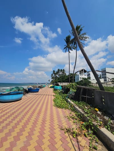 A coastal scene in Mũi Né, Vietnam, features a walkway paved with red and yellow interlocking bricks. The walkway is lined with blue, round fishing boats and green fishing nets on the left, and vegetation and a concrete barrier on the right. In the background, palm trees frame white buildings and the blue ocean under a cloudy sky. The scene appears to be a public area, likely a beach promenade.