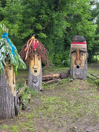 The image shows three carved wooden figures resembling faces, positioned outdoors in a grassy area with trees in the background. The figures are carved into tree trunks. The leftmost figure has a green eye and is adorned with green leaves and a blue ribbon. The central figure has a brown, bushy "hair" made of dried branches and is decorated with red and yellow ribbons. It has a carved face with an open mouth and a circular emblem with a cross inside, attached to its trunk. The rightmost figure has a rough, dark material on its head, resembling a cap, and is wrapped with a reddish-brown band and a lighter-colored fabric. This figure also has a carved face with an open mouth and a white symbol on its trunk. Fallen logs and branches are scattered around the base of the figures, and the ground is covered in grass and mud. The overall setting appears to be a park or a rural outdoor space. The location is identified as the village of Старые Быги (Starye Bygi), Russia.