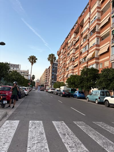 The image depicts a street scene in Valencia, Spain, likely in a residential area. A person wearing a green t-shirt and black shorts, with a helmet in their hands, stands on the sidewalk next to parked vehicles. The street is lined with cars parked on both sides. Across the street, a multi-story brick building with cream-colored awnings stands prominently. Several trees, including palm trees, are visible along the street and in front of buildings. The sky is clear blue with a faint contrail. A pedestrian crossing is visible in the foreground. The time of day appears to be late afternoon or early evening, with soft lighting.