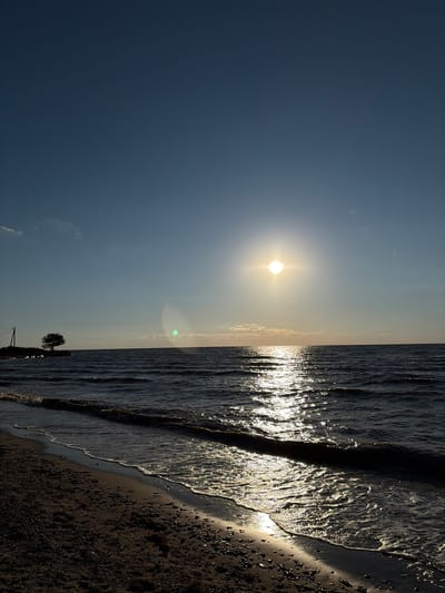 This is a photograph of a beach and the sea, taken at sunset in Port-Katon, Russia. The sun is low in the sky, casting a bright glare on the water. There are small waves lapping at the shore, and the sand is dark and wet. In the distance, on the left side of the frame, there is a solitary tree and a utility pole. The sky is clear blue, with a few wispy clouds. The overall impression is one of a serene and peaceful evening.