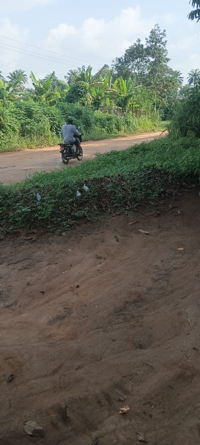 The image depicts a man riding a black motorcycle on a dirt road in what appears to be a rural area in Amauzu, Nigeria. The road is bordered by lush vegetation, including various trees and shrubs. The foreground shows a dirt surface with sparse vegetation. The rider is wearing a light-colored shirt. The sky is overcast.