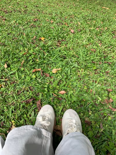 An overhead shot shows a person's feet, clad in light-colored pants and white sneakers, standing on a grassy area in Baturiti, Indonesia. The grass is a mixture of green blades and scattered brown leaves, indicating a natural outdoor setting. Sunlight casts shadows, suggesting it is daytime. The image is focused on the ground and the lower part of the person's legs and feet.