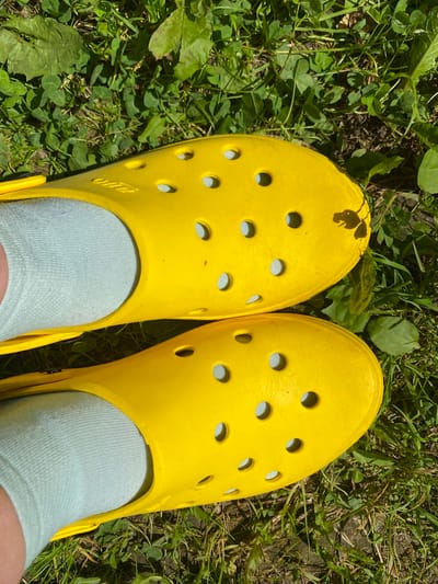 A pair of bright yellow clogs are worn by an unseen person, standing on a patch of green grass. The clogs have a series of circular holes across the top. Light blue socks are visible peeking out from the clogs. The grass is uneven and appears to be a mixture of clover and other low-lying vegetation. Sunlight casts shadows on the grass and the clogs. The image was taken outdoors, likely on a sunny day. The location is specified as Korvet, Russia.