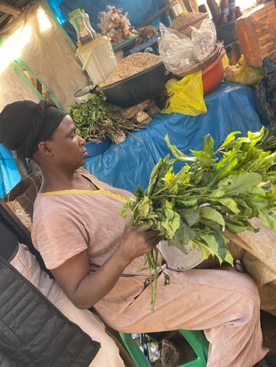 A person sits among wares, holding leafy greens. She wears a mauve outfit and a black head covering. Around her are baskets, bags, a blue tarp, and assorted containers, suggesting a market stall. A yellow bag and an orange container sit to her left. The scene is crowded and vibrant with various textures and colors.