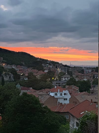 The image displays a panoramic view of the city of Asenovgrad, Bulgaria, during sunset. The sky is dominated by vibrant orange and pink hues from the setting sun, with dramatic grey clouds overhead. Below the sky, a verdant hillside is covered with dense trees and dotted with various buildings featuring red-tiled roofs, characteristic of the city's architecture. The foreground is filled with more trees and the rooftops of residential buildings, with some architectural details like chimneys and dormer windows visible. The scene captures the urban landscape blending with natural elements under the warm glow of the twilight sky.