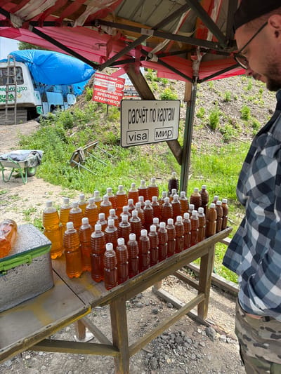 In Tarmanchukan, Russia, a roadside stall displays rows of plastic bottles filled with amber-colored liquid, presumably honey. The stall is covered by a red and white striped canopy, partially collapsed. A sign above the bottles reads "расчёт по картам" (payment by card), with "visa" and "мир" (a Russian payment system) indicated below. A person wearing glasses and a plaid shirt stands to the right, looking down at the stall. In the background, a white bus covered in a blue tarp is parked, and a wheelbarrow rests on the gravelly ground. Green vegetation grows around the stall and the bus.