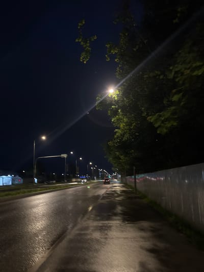 The image depicts a wet, empty street at night in Kronstadt, Russia. The road surface glistens with reflections from streetlights and distant vehicle lights, indicating recent rain. On the right side of the road, a tall, corrugated metal fence runs along the sidewalk. The sidewalk itself is also wet and shows dark patches of shadow. A line of trees with dense foliage is situated behind the fence, partially obscuring the view of what lies beyond. The street is lined with streetlights, casting pools of light on the asphalt. In the distance, faint lights suggest buildings or structures on the left side of the road. A single car is visible driving away from the camera down the street. The sky is a deep, dark blue, typical of nighttime. There are no people visible in the immediate vicinity.