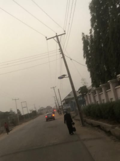 A hazy street scene shows utility poles and wires stretching across the sky. Several vehicles, including a dark sedan and a car with illuminated tail lights, occupy the road. Buildings and trees line the street on one side, creating a sense of urban or suburban setting. The overall impression is of a dull, overcast day, with visibility somewhat limited by the atmospheric haze.