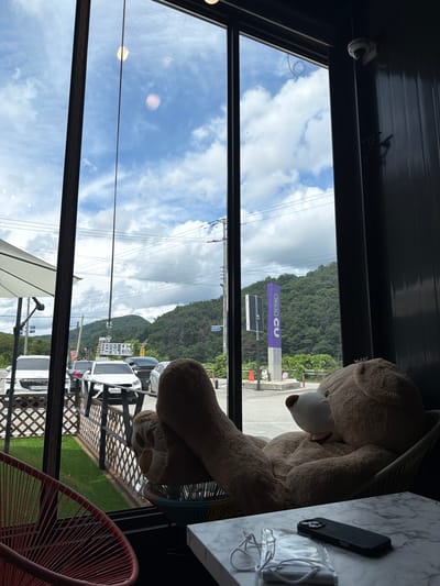 A large, plush teddy bear is seated in a chair indoors, facing a window. Through the window, a street scene is visible with parked cars and a green, hilly landscape under a cloudy sky. A purple sign with white text that reads "Nice to CU" is visible in the background, indicating the location is near a CU convenience store. On the table in front of the teddy bear are a cell phone and a clear plastic bag containing a white face mask.