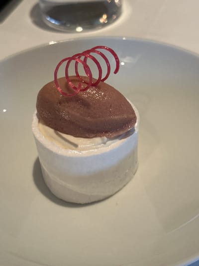 A close-up, eye-level, medium shot shows a dessert presented in a white bowl. The dessert is cylindrical and appears to be a meringue base topped with a scoop of pale brown sorbet or ice cream. A bright pink, curly sugar decoration is placed on top of the sorbet. The background is out of focus, but shows the edge of a table and a glass. The lighting is soft, casting subtle shadows. The location is a restaurant in The Hague, Netherlands.