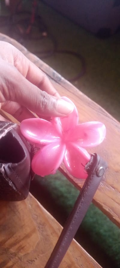 A close-up shot shows a hand holding a pink plastic flower-shaped hair clip with a dark-skinned hand with a pale pink nail on the index finger. A brown leather handbag is partially visible, its strap with a button detail extending out from the right of the flower. The background appears to be a wooden surface, possibly a table or bench, with patches of green suggesting an outdoor setting. While specific details tie the photo to Ikeja, Nigeria, I cannot reliably determine the location as such based on the objects in the picture.