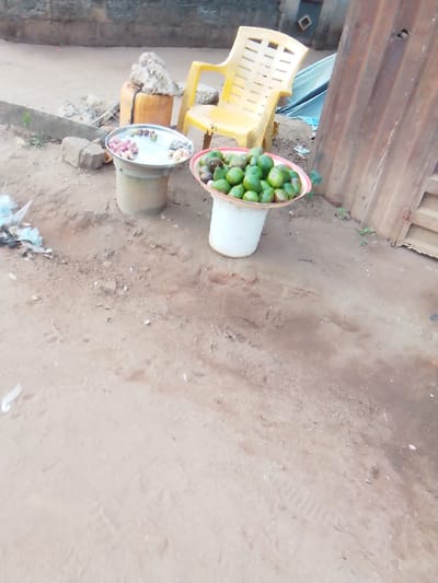 The image depicts a makeshift roadside fruit stall on an unpaved, reddish-brown dirt ground, consistent with the environment in Owerri, Nigeria. In the foreground, two circular metal trays display produce. The left tray, resting on a dirt-stained cylindrical support, contains a mix of reddish-purple and yellowish-white fruits. The right tray, larger and with a red rim, is filled with numerous green, possibly unripe mangoes or avocados, and is placed atop a white cylindrical bucket. Behind these, a worn yellow plastic monobloc chair stands, partially obscured. To the left of the chair and behind the first fruit tray, an orange plastic jerrycan, topped with several rocks, is visible. A dark brown, corrugated metal sheet, possibly part of a fence or structure, occupies the right background. In the far background, a light-colored wall with a diamond-shaped opening is discernible. Scattered debris, including a crumpled light blue plastic bag, is present on the dirt ground near the left edge. No individuals are present in the scene.
