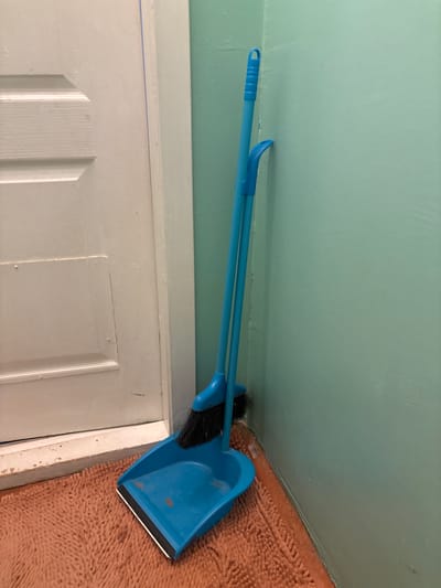 An indoor scene depicts a blue dustpan and brush set leaning against a pale green wall in a corner. The dustpan rests on a textured, orange mat near a white doorframe. The door itself is white with horizontal paneling. The scene is static, with no people or active interactions. The lighting appears to be from an overhead source, casting soft shadows. The overall environment suggests a domestic or utilitarian space, possibly an entryway or a cleaning closet. There is no indication of the specific location in Blagoveshchensk, Russia, beyond it being an interior setting.