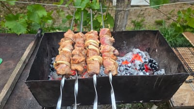 In Yasnohorodka, Ukraine, a barbecue grill contains four metal skewers, each threaded with chunks of seasoned meat and onion rings, positioned over glowing red coals. The grill, a dark, rectangular metal container, sits outdoors. To the left of the grill is a weathered wooden plank, and to the right, a metal grilling rack is visible. The background shows lush green foliage and a hint of grass, suggesting an outdoor setting, possibly a backyard or picnic area.