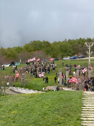 The image shows an outdoor gathering in Zemo Nichbisi, Georgia. A large group of people, some in camouflage clothing, are gathered on a grassy area. Many are holding flags with the Georgian cross. Several vehicles are parked nearby, including cars in white, blue, and black. There is a large stone cross monument in the background. To the side of the gathered people, there are rows of concrete columns along a raised grassy area with yellow flowers. Trees are present along the edge of the scene. The sky is overcast.