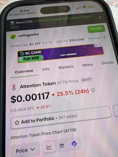The image shows a close-up of a smartphone screen displaying the CoinGecko cryptocurrency tracking website. The time on the phone is 9:04. The screen shows information about Attention Token (ATTN), including its price at $0.00117, a 25.5% decrease in the last 24 hours, and its market cap of $2.28 trillion. There is also an advertisement for BC.GAME. The phone is placed on a textured surface, likely a table or cloth. There is no information about the city of Zornitsa, Bulgaria, or any people in the image.