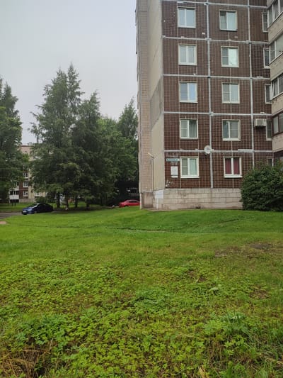 This is an outdoor, eye-level, full shot taken on an overcast day in Vsevolozhsk, Russia. The photograph shows a residential building on the right, with a brown tiled facade and several windows. To the left of the building is a green lawn, with trees and a blue car parked on a road in the distance. A red car is also visible further down the road. The sky is cloudy and grey, and the overall lighting is diffused.