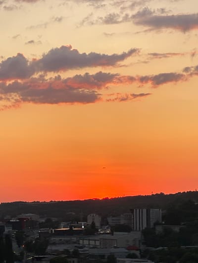 This is a vertical, medium-shot photograph of a sunset over a city, likely Chișinău, Moldova. The sky is dominated by vibrant orange and yellow hues, with scattered clouds tinged pink and gray. A small, almost imperceptible sun disk is visible just above the horizon. The sun is setting behind a dark, silhouetted treeline that forms the crest of a hill. Below the hill, the urban landscape unfolds, consisting of various buildings, some appearing industrial or commercial with flat roofs and multiple stories. Trees are interspersed throughout the cityscape. The overall impression is one of a tranquil evening scene in a developed area.