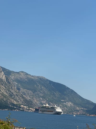 The image captures a serene, sun-drenched day in Dražin Vrt, Montenegro, overlooking the Bay of Kotor. Dominating the middle ground is a large, white cruise ship with green accents, its decks lined with railings. The vessel appears to be stationary or moving slowly on the calm, deep blue water. A smaller, white sailboat is visible to the right of the cruise ship, also on the water.
The background is defined by majestic, rugged mountains that rise steeply from the coastline. The slopes are a mix of rocky outcrops and dense green vegetation, suggesting a natural, untamed landscape. Nestled at the base of the mountains is a picturesque town with numerous white buildings, indicative of a coastal settlement. The architecture suggests a European influence, with structures clustered together, some reaching up the hillsides.
The sky above is a clear, cloudless expanse of pale blue, providing excellent visibility and a sense of spaciousness. In the foreground, the blurry presence of green foliage and a hint of a bench or railing suggests the viewer is positioned at a slightly elevated vantage point, perhaps from a balcony or a hillside overlooking the bay. The overall impression is one of tranquility and natural beauty, with human presence marked by the impressive cruise ship and the charming town.