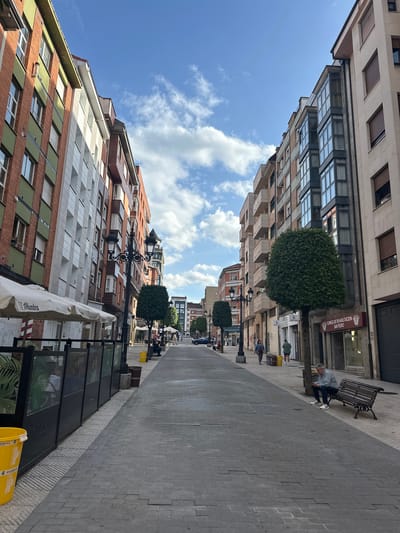 This image captures a vibrant, sunny street scene in Oviedo, Spain, looking down a wide pedestrian pathway lined with multi-story buildings. The sky is bright blue with scattered white clouds, indicating pleasant weather, likely during the mid-day or afternoon.
On the right side of the street, several buildings display diverse architectural styles. The closest building features a light-colored facade with dark-framed windows and internal blinds. Below it, a large, rounded green bush or small tree is planted. Adjacent to this, a modern building boasts a prominent glass facade with square window panes. Further down, another building is characterized by a series of lighter-toned, staggered rectangular balconies. A red sign on one of these buildings clearly displays the text "CLÍNICA DE REHABILITACIÓN SAN PEDRO" (San Pedro Rehabilitation Clinic). A person is seen sitting on a dark wooden bench with ornate metal legs on the sidewalk, seemingly engrossed in something in their hands. Other indistinct figures are visible walking further down the street.
The left side of the street also features various buildings. One structure has a distinctive facade with green panels and brown brick sections, while another displays a pattern of grey and white squares. A decorative black streetlight with multiple lamps stands prominently on this side. There appears to be an outdoor seating area, possibly belonging to a cafe or restaurant, indicated by a partially visible white awning and glass barriers along the sidewalk. A yellow bucket, possibly for refuse, is visible in the foreground with "ALHAMBRA" printed on its side, a common Spanish brand.
The street itself is paved with grey block tiles, typical of pedestrian zones. The overall atmosphere is that of a calm and active urban environment.