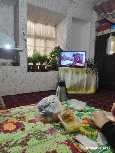 This image depicts an indoor domestic scene in Gulshan, Uzbekistan, recorded on January 16, 2026, at 13:34. The room features textured, light-colored walls and a red patterned carpet. A central rectangular window, fitted with sheer patterned curtains, allows ambient light into the space; multiple potted plants are arranged along its sill. To the immediate left of the window, a wall niche with a shelf contains a luminous object. To the right of the window, a flat-screen television rests on a small, cloth-draped table, displaying an interior scene with a bed and two figures. A dark wooden wardrobe with a reflective surface is visible on the far right. In the foreground, a low table covered with a green and yellow floral tablecloth holds a silver thermos, a clear plastic bag containing unidentifiable food items, a single bun or bread roll, a clear rectangular container with yellow food items, and a smaller clear container with white cubic food items. A person's hands, partially visible on the right, are reaching towards a white dish on the table.