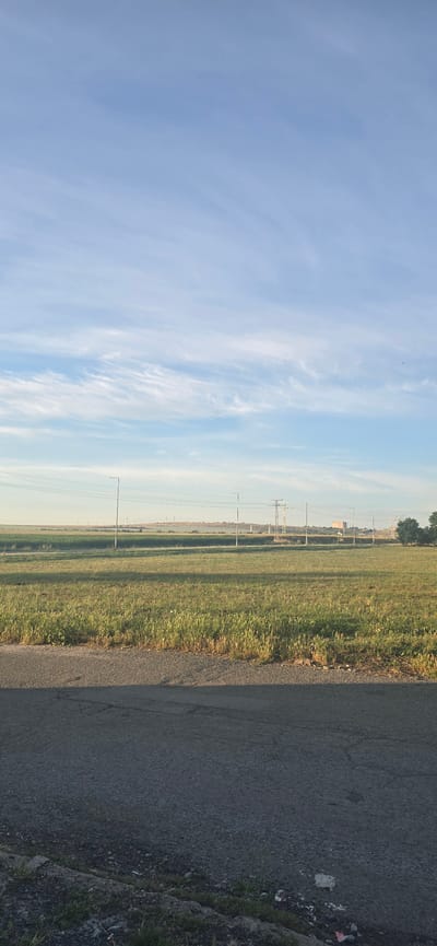 The image depicts a wide, horizontal landscape scene bathed in the soft light of what appears to be either early morning or late afternoon. The upper portion of the image is dominated by a vast, pale blue sky with wispy, white cirrus clouds streaking across it.

The middle ground features a broad expanse of green grassland, likely a field or pasture, with some taller, dry stalks of vegetation interspersed. The field stretches towards a distant horizon. Along this horizon, several man-made structures are visible, including tall, thin poles with wires running between them, suggesting power lines. There are also a few taller utility poles with more complex metal lattice structures, and in the far distance, a large, rectangular building with a light-colored facade. A line of trees can be seen on the right side of the horizon.

The foreground is occupied by a section of asphalt road, appearing somewhat worn with visible cracks and patches. The road runs horizontally across the bottom of the image. The edge of the road transitions to a strip of unkempt grass and dirt, with some scattered debris, including what looks like a crumpled piece of red and white plastic. The overall impression is of an open, rural or semi-rural environment, possibly on the outskirts of a city. Given the mention of Yambol, Bulgaria, this could be a view of agricultural land or undeveloped areas surrounding the city. There are no people or animals visible in the image.