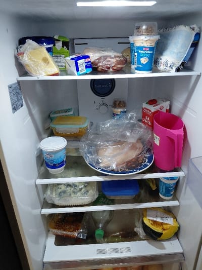 The image displays the interior of a domestic refrigerator located in Ushuaia, Argentina. The refrigerator is fully stocked with various food items distributed across four visible shelves and the bottom compartment.
The top shelf contains, from left to right, a wedge of yellow cheese wrapped in clear plastic, a dark blue tub, a green and white carton, a package of raw meat (likely bacon) wrapped in plastic, a small white carton with blue text, a blue cup of "Yogur Griego" (La Serenísima brand) with a clear topping container, and a white patterned bag.
The second shelf, above the central control panel, holds a light yellow plastic food container and a light blue plastic food container on the left. The central white panel is labeled "Twin Cooling" and features a circular dial. To the right, a red and white "Leche" (milk) carton and a bright pink plastic pitcher are visible. A small yogurt cup is positioned below the control panel.
The third shelf, a glass surface, features a white tub of "Yogur Entero" (La Serenísima brand) on the left. Centrally placed is a blue patterned plate holding raw poultry (likely chicken breasts) wrapped in clear plastic.
The fourth shelf, also glass, shows a clear plastic container with a food item that appears to be blue cheese or a similarly textured dish on the left. A blue plastic container with a lid is in the center. Another white tub of yogurt is on the right.
The bottom visible section of the refrigerator includes a clear plastic bag containing brown food items, a clear plastic bottle with a green cap, and a cut half of a yellow squash or pumpkin wrapped in yellow material with a white label. No people are present.