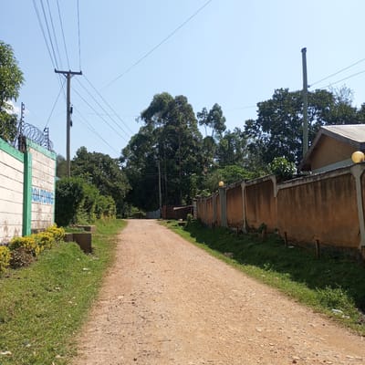 The image depicts a dirt road in Mahiakalo ward, Kenya, on a clear, sunny day. The road is unpaved and appears to be a pathway through a semi-rural or residential area. On the left side of the road, there is a white wall with green trim, featuring the partially visible text "BOARDING" in blue letters. This wall is topped with barbed wire, suggesting a secure compound or establishment. Behind the wall, lush green foliage and trees are visible.
To the right of the road, a long, roughly textured wall, colored a sandy orange, stretches into the distance. This wall is punctuated by concrete pillars and is topped with a decorative element, possibly a small, yellow spherical light fixture. Behind this wall, the roof of a building with a corrugated metal roof can be seen. Dense green trees and vegetation line the right side of the road, creating a natural barrier.
Several utility poles with numerous wires crisscross the sky above the road and trees, indicating the presence of electricity and communication infrastructure. The overall impression is one of a peaceful, daytime scene in a location with a mix of man-made structures and abundant nature. There are no people prominently visible in the image, though a faint figure can be seen in the distance on the right side of the road. The bright sunlight suggests it is mid-morning or afternoon.