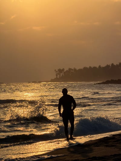 A silhouette of a person stands on a rock at the edge of the ocean, facing the water. The sun is setting, casting a warm golden glow across the sky and the ocean surface. The waves are breaking against the shore, creating a dynamic pattern of light and shadow. In the background, a tree-lined coast is visible, suggesting a tropical or subtropical location. The overall mood of the image is peaceful and serene, with a sense of awe inspired by the natural beauty of the sunset. The person's posture, with one hand on their hip, conveys a relaxed and contemplative stance. The image is shot in portrait orientation.