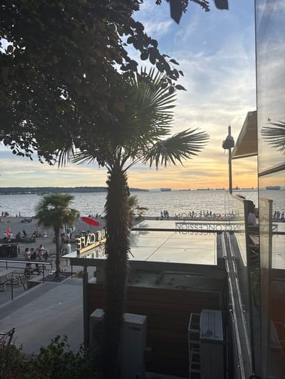 The image depicts a waterfront scene at English Bay Beach in Vancouver, Canada, during what appears to be late afternoon or early evening. The sky is filled with soft clouds and a warm glow of sunset.

In the foreground, the edge of a modern building with a reflective glass facade is visible on the right, mirroring the sky and surroundings. A large palm tree stands prominently in the center, its fronds casting shadows. To the left of the palm tree, another smaller palm tree is visible.

Beyond the palm trees, a sandy beach is populated with numerous people. Some are sitting or lying on the sand, while others are walking. A few bicycles are parked on the beach, and a red umbrella stands out amongst the beachgoers.

The ocean stretches out towards the horizon, with several large cargo ships anchored in the distance. The water appears calm.

The building in the foreground has signage that is partially visible and reversed due to reflection, reading "CLUB CAFE" and "CONCESSION." Outdoor seating areas with tables and chairs are visible, suggesting a cafe or restaurant establishment. An outdoor air conditioning unit is positioned on the ground near the building. Lush green foliage is present in the lower left and right corners of the image, framing the scene.