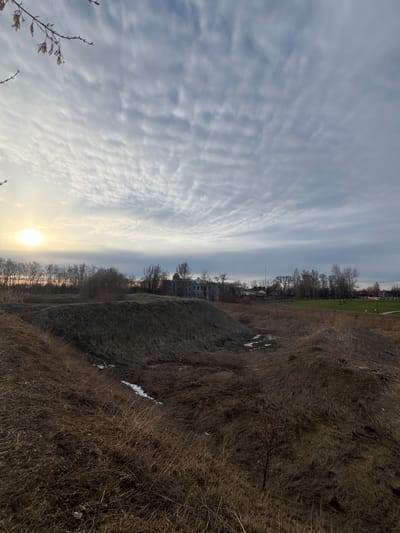 The image shows a landscape in Ново-Никольское, Russia. The foreground is dominated by a field of dry, brown grass. Patches of snow are visible amongst the grass. Beyond the field, there's a line of bare trees separating the field from a green lawn. In the distance, there are buildings and more trees. The sky is covered in textured clouds and the sun is setting.