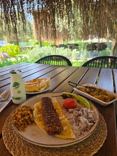 A close-up shot captures a Turkish meal served on a wooden table, possibly at a restaurant in Bodrum, Turkey, with an outdoor setting. The meal consists of a plate with a long, grilled meat skewer, a side of bulgur pilaf, and a small portion of a flatbread, garnished with sliced onions and sumac. A grilled tomato and a green pepper are also on the plate. In the background, a white bottle of Ayran, a yogurt drink, sits next to a small plate of what appears to be stuffed grape leaves. The table is set with cutlery wrapped in plastic. The background is blurred, showing natural elements like straw-like roofing and greenery, suggesting an open-air dining area. The overall lighting suggests it's daytime, possibly late morning or early afternoon. There are no people visible in the frame.