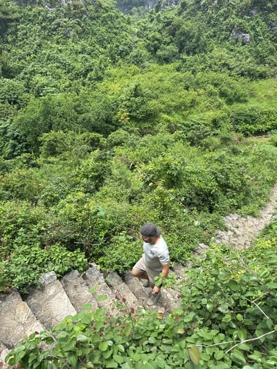 A man walks down a stone staircase on a heavily vegetated mountainside in Tam Thanh Ward, Vietnam. The man, wearing a grey t-shirt, khaki shorts, and a dark baseball cap, is viewed from a high angle. He is walking down the stairs from right to left. The staircase is made of irregular stones, and is overgrown with various plants and vines, with lush green foliage dominating the scene. The environment appears to be a natural landscape with dense vegetation covering the hillside.