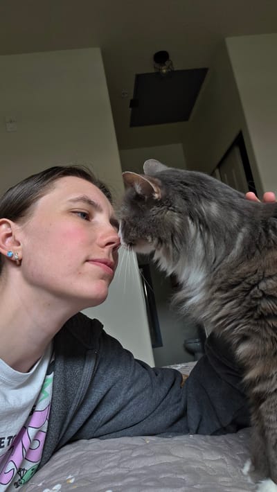 A young person and a gray cat are interacting on a bed, as suggested by the quilted bedding. The person, viewed from the side, is leaning in to nuzzle the cat's nose. Their eyes are closed, and they appear to be smiling, conveying a sense of affection. The cat, facing the person, has its eyes open and its nose touching the person's. The person is wearing a gray zip-up hoodie over a white t-shirt with a graphic design featuring a cartoonish character in pink and green. They also have a small, sparkling earring in their left ear. The background is dimly lit and shows a wall and a doorway with a light fixture visible. The scene suggests a moment of quiet intimacy and connection between the person and their pet. The time of day is not specified, but the indoor setting and lighting imply it could be anytime. The location is Beaverton, United States of America.