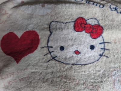 The image shows a close-up of a soft, fuzzy fabric with a pattern of Hello Kitty characters and red hearts. The fabric is white and beige with blue and red accents. The Hello Kitty character is depicted with a red bow and black eyes and whiskers. There are several red hearts scattered across the fabric. The texture of the fabric suggests it could be a blanket, towel, or clothing item. The image does not provide any information about the location in the city of Poznan, Poland, as there are no recognizable landmarks or contextual clues to indicate such a setting. The scene is purely an inanimate object.