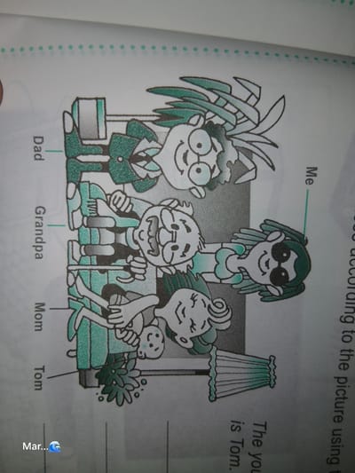 The image depicts a stylized, cartoonish drawing of a family. From top to bottom, the labels indicate "Dad," "Grandpa," "Mom," and "Tom." There is also a label "Me" pointing to a female figure wearing sunglasses. The family appears to be sitting together, possibly on a couch, with a lamp to the right. The drawing uses limited colors, primarily green and black outlines on a white background. There are no discernible elements in the image that relate to the city of La Tagua, Venezuela, nor are there any forensic details to report.