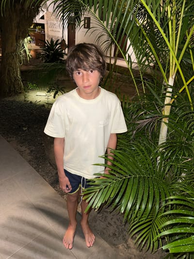 A young person stands amongst palm fronds and greenery. They are wearing a light-colored t-shirt and dark shorts with a yellow stripe, standing barefoot on a paved surface. Building details are visible in the background, including lit windows and signage, possibly of a hotel. The scene is illuminated at night.