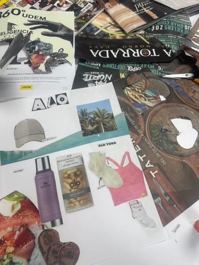 The image displays a flat lay composition of various paper cut-outs from magazines and newspapers arranged on a white surface, suggesting a collage or scrapbooking activity. The scene is located in Monterrey, Mexico, evidenced by text elements such as "UDEM" (Universidad de Monterrey), "NORTE 2026" (likely referring to the El Norte newspaper), and "A TORRADA HORNO CAVA," a local establishment.
In the upper left, a partially obscured magazine page features "360º UDEM" at the top, an illustration of a black hand reaching out, and a human subject wearing advanced, perhaps VR-like, headgear. Below this, text reads "A INTELIGENCIA Y LO QUE..." and "ALIADA?".
The central and lower portions of the image showcase a collection of "ALO Yoga" themed cut-outs, including a beige baseball cap, an image of palm trees against a blue sky, a purple Stanley brand thermos, a container of "ALO digest & debloat capsules" priced at 725 MXN, a light green sock, and a pink sports bra/tank top. Additional cut-outs include a sushi roll and two dark, heart-shaped objects.
The background consists of multiple overlapping paper scraps, some inverted, showing text such as "DEFTONES" and a date range "DEL 26 DE ENERO A 28 DE FEBRERO." These scraps also feature fragments of images, including a patterned surface with circular motifs and a close-up of a knife and fork on a dark, textured background. A pair of silver scissors with yellow handles is partially visible on the right side of the frame, indicating the active process of cutting. No individuals are present in the scene.
