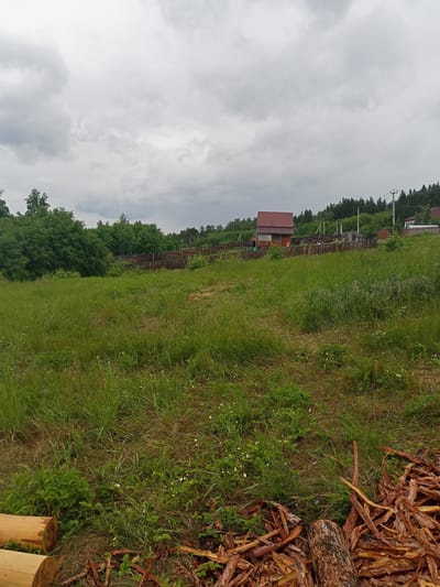 The image shows a grassy field with a wooden fence in the background. A small wooden house with a red roof is visible behind the fence, along with several trees. There are also some logs and wood scraps in the foreground. The sky is overcast. The location is identified as Karluk, Russia.