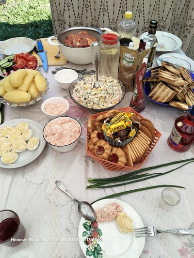 The image shows a picnic table set up outdoors, likely in a backyard or park setting, with a variety of food and drinks laid out. The location is identified in the lower-left corner as Nizhniye Vyazovye, Russia, with a date and time stamp of "13 июня 2026 г. в 13:39".
The table is covered with a white tablecloth with a subtle floral pattern. Several dishes are visible, including a large bowl of what appears to be potato salad or a similar vegetable salad with corn and other ingredients. There are also boiled potatoes, sliced tomatoes, cucumbers, and radishes arranged on a plate. Deviled eggs, filled with a creamy mixture, are neatly placed on another plate. Two bowls of a pinkish, creamy spread, possibly crab or shrimp salad, are also present.
In the center of the table, a basket holds a selection of cookies and candies, including individually wrapped yellow candies labeled "Mexicana". To the right of the basket, toasted bread slices are piled on a blue plate. A bottle of dark liquid, possibly soy sauce or a similar condiment, and a bottle of light-colored liquid, possibly vinegar or oil, are also on the table, along with a ketchup packet and a small bottle of what appears to be red wine or liqueur. A glass of red liquid, likely juice or wine, is on the lower-left side of the image. A small shot glass is positioned near the plate with the pinkish spread.
A blue-handled knife rests on a wooden cutting board next to a colander filled with raw, cubed meat, possibly chicken or pork, suggesting preparation for grilling or cooking. Several stalks of green onions are placed on the table, acting as a garnish or part of the meal. A silver spoon and a fork are visible on the table, with one fork resting on a plate.
The background shows greenery, suggesting an outdoor environment, and a patterned curtain or canopy. The overall scene depicts a casual outdoor meal, likely a picnic or barbecue. No people are visible in the image.