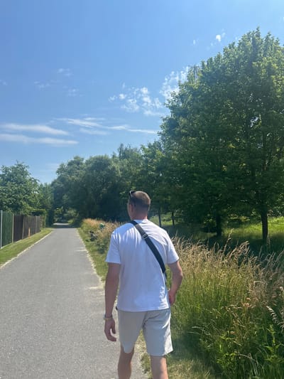 A man is walking away from the camera on a paved path in a park. He is wearing a white t-shirt, beige shorts, and a black cross-body bag. He has a watch on his left wrist. The path is lined with green grass and tall, dry reeds on the right side, and a wooden fence and green grass on the left. Large, leafy trees are visible in the background. The sky is blue with scattered white clouds. The scene appears to be outdoors on a sunny day. The location is indicated as a park in Pilsen, Czechia.