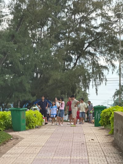 The image depicts a group of people, including adults and children, walking on a paved pathway lined with lush green foliage. Two large green trash receptacles are visible, one on the left and another further down on the right. The pathway is constructed of light-colored, square tiles with a textured pattern. Dominating the upper portion of the image is a large evergreen tree with dense, needle-like foliage. A lamppost is also present on the right side of the frame. The scene appears to be a public park or walkway, possibly near a coastal area given the light and overcast sky. This location is identified as being in the city of Phan Thiết, Vietnam.