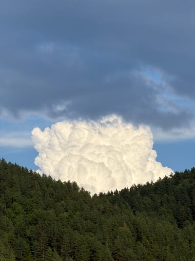 A large, fluffy white cumulus cloud billows against a blue sky, partially obscured by darker grey clouds above. The cloud is positioned above a dense, dark green forest that covers a steep hillside. The trees are predominantly coniferous, creating a textured, uniform canopy. The lighting suggests it is either late afternoon or early morning. The scene is devoid of human presence or activity. This image was captured in Elekmonar, Russia.