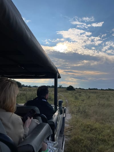 Captured from inside a vehicle, possibly a safari jeep, are at least two individuals, one holding a mobile phone. The driver is also visible. They are traveling on a dirt road through a grassy plain, beneath a sky marked with scattered clouds and a setting or rising sun. It appears to be the location of the city of Nwanaeanoka in Botswana.