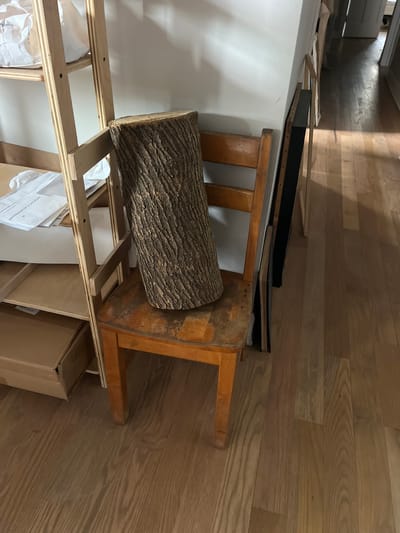 The image depicts a jumbled collection of items in what appears to be an indoor storage or work area. The primary focus is a large, rough-barked log resting on a wooden stool. The stool itself is aged and appears to be made of light-colored wood with a warm, orange-toned finish, showing signs of wear. Behind the stool, a large, flat white surface is visible, possibly a piece of material or a wall.
Further back, several stacked items are discernible. These include what looks like a black frame or box, and some books or binders with dark covers. To the left and below, a light-colored wooden shelving unit is visible, with white materials and documents placed within its compartments. Some of these documents have visible text, including the words "IMPORTANT PLAN INFORMATION." Cardboard boxes are also present in the lower right portion of the image.
The scene is lit from overhead, casting shadows that suggest an indoor environment. The flooring is made of light-colored wooden planks, laid horizontally. The overall impression is one of a cluttered, potentially unfinished or organized-for-storage space. There are no people visible in the image. The time of day and weather are not determinable from the image. The location is identified as New York, United States of America.
